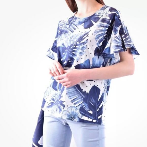 NWT Twinset Milano St. Tropi tropical floral polka dot flutter sleeve top sz 46 - Picture 4 of 12